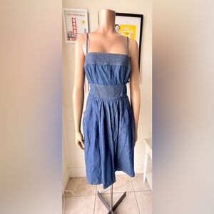 JFW Sleeveless Tie Waist Denim Knee Length Swing Dress with Pockets